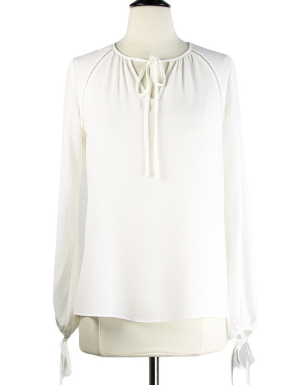 Traffic People Textured White Peasant Tie Sleeve Keyhole Front Airy Blouse, SM
